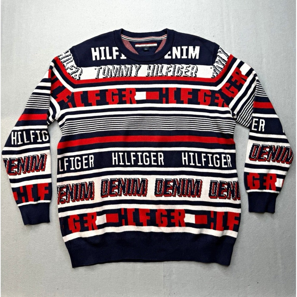 Tommy Hilfiger Denim Mens M Sweater All Over Print Logo Cotton Knit Pullover